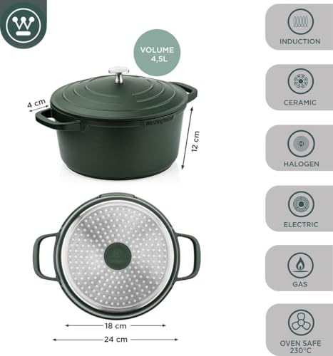 Image of Westinghouse Performance Series 24 cm Green Casserole Dish with Lid - Lightweight Cast Aluminium Pot | Hob to Oven, Induction & All Stovetops | Oven Safe with Handle Covers | Versatile Cooking Essential