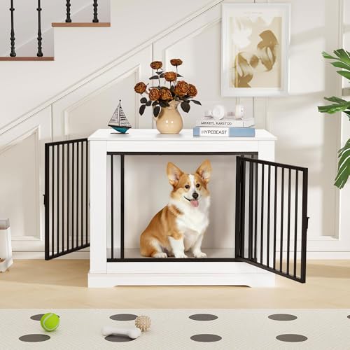 BEWISHOME Hundekäfig Möbel,81cm Hundebox für Zuhause,3 Türen,Moderne Hundekäfig für Zuhause Holz Indoor für kleine/mittlere Hunde,Beistelltisch,81x55x67.5cm,Weiß EMGL03W