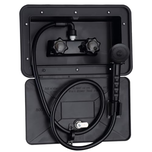 hansengroe RV Exterior Shower Box Outdoor Camper Trailer Shower Kit with 2.5 GPM Showerhead, Shower Faucet and 47 Hose Wall Box Portable Use for Camper Van Travel Trailer Motorhome and Boat (Black)