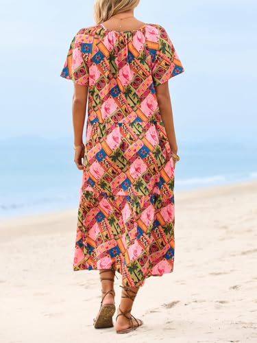 Yousify Womens 2026 Summer Maxi Dresses Short Sleeve Boho Beach Shirt Dresses Loose Vacation Outfits Sundresses Pink — view 6