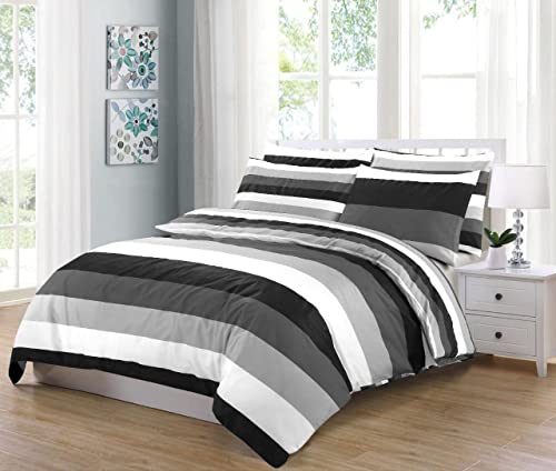 MK Home Textile Stripe Duvet Cover Set - 100% Cotton, 200 Thread Count, Soft Reversible Quilt Covers in White, Red, Black & Grey for Double, King, Super King Sizes (Grey Stripe, Double)