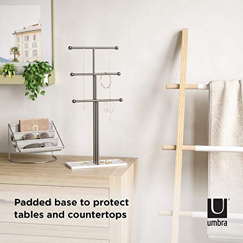 Umbra 299330-491-REM Trigem Hanging Organizer – 3 Tier Table Top Necklace Holder, Box Display with Jewelry Tray Base, One Size, Nickel