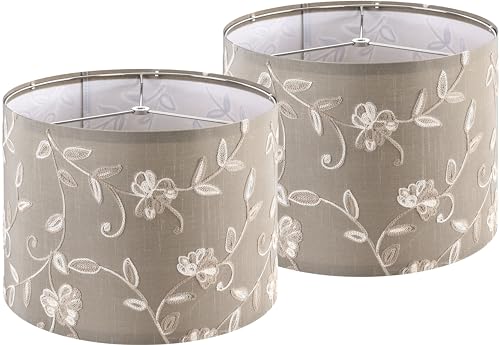 Creme Fabric Drum Lamp Shade with Embroidered Leaf Trim 13