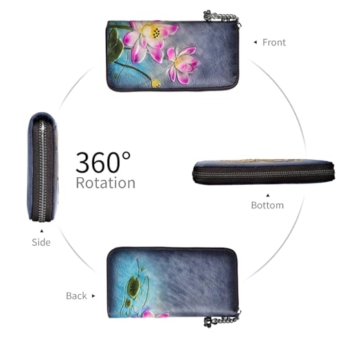 Image of Wallet Genuine Leather for Women - with RFID Blocking Card checkbook ID Slot Large Capacity Vintage style (lotus black)