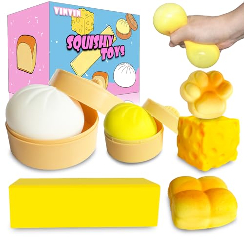 Squishy Toys Pack 6 Pcs Squishy Toy Chesses Squishy Slow Rising Butter Bread Paw Squeeze Sensory Fidget Toy for Adults and Kids