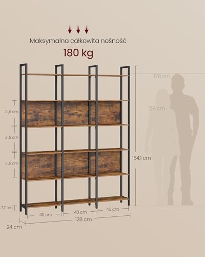 VASAGLE Regał na książki, 6-poziomowy regał na książki, regał kuchenny, styl industrialny, do biura, salonu, sypialni, 24 x 128 x 187 cm, industrialny, rustykalny brązowy i czarny atrament LLS151K01