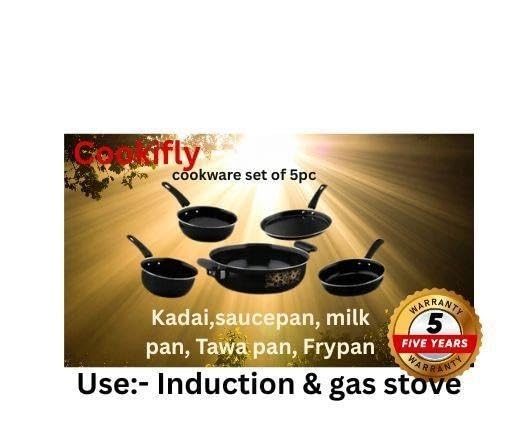 Image of Cast Iron Non Stick Cookware 5 Piece Set Kitchen Essentials Kadai Fry Pan Tawa Saucepan Milk Pan Induction Use Black Free Size