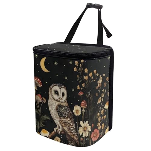 Image of Talayituse Owl Mushroom Daisy Flower Print Car Trash Bin, Large Size Auto Trash Can Adjustable Portable Garbage Can with Lid, Vehicle Hanging Bag for Headrest Front Back Seat