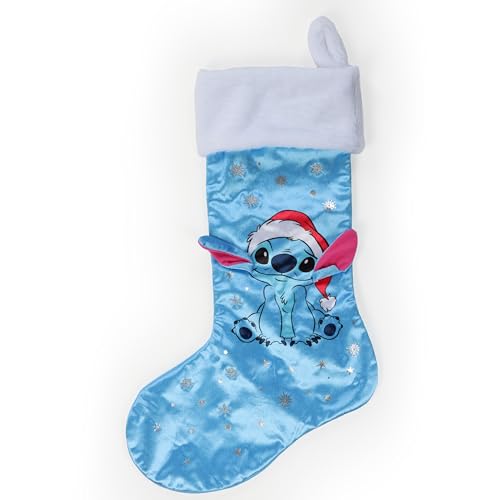 Jay Franco Kids Disney Lilo & Stitch Christmas Stocking – 32 x 50cm Stitch Santa with Glitter Snowflakes – Fireplace Hanging Holiday Ornaments Decoration, Blue