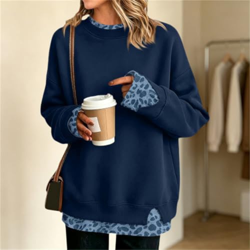 NEKSVTH Casual Shirts for Women Navy#4 L Oversized Y2K Faux Layered Crewneck Sweatshirt Pullover Fall Winter Casual Daliy Wear — view 2