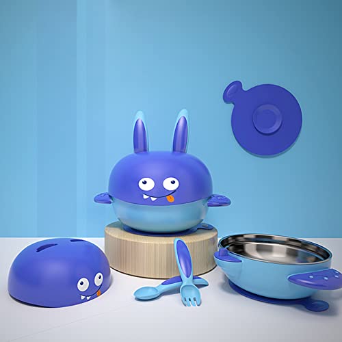 MIGOUFIT Babyschale, Edelstahl Babyschale mit Saugnapf, Saugnapf Silikon Baby Fütterset, Saugnapf Kleinkind Schalen BPA-frei, Isolierschüssel mit Löffeln Set für Kleinkinder und Kinder (blau) Cover
