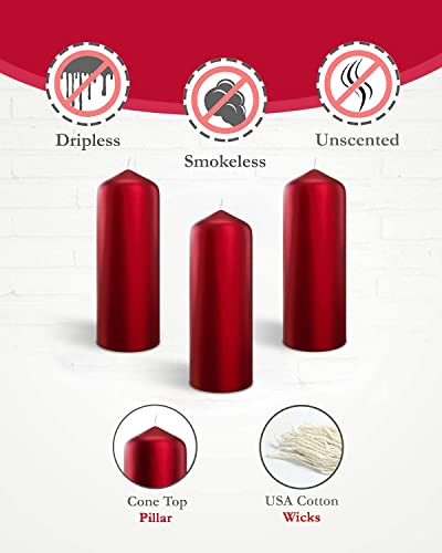 Metallic Cone Top Pillar Candles By Bask - Set Of 3 - 3" X 6" Dripless Unscented Holiday Candles In Metallic Red For Home Decor, Relaxation & All Occasions #TOP5