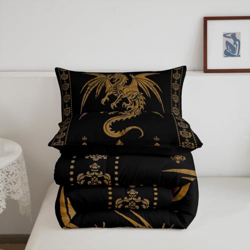 Image of Feelyou Dragon Bedding Set Kids Boys Teens Gothic Damask Paisley Floral Comforter Set Full Size Women Bohemian Exotic Duvet Insert Animal Theme Room Decor,Gold Black