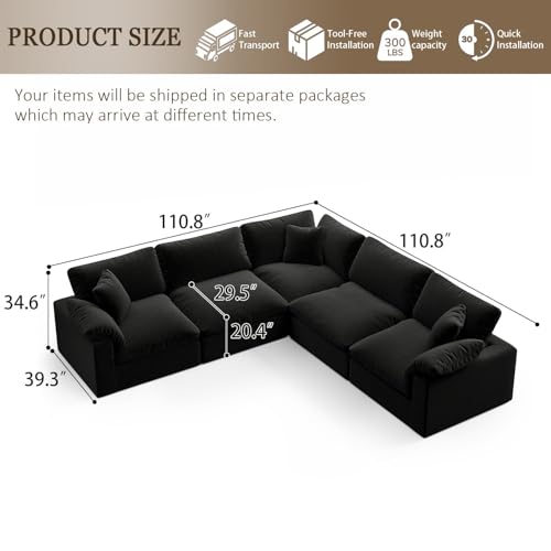 Image of 211.6 inch Cloud Modular Sectional Sofa,Black Down Filled Sofa 5 Seat,Minimalist Sofa Cover Washable and Replaceable Couches for Living Room,Sectional Sofa Deep Seat