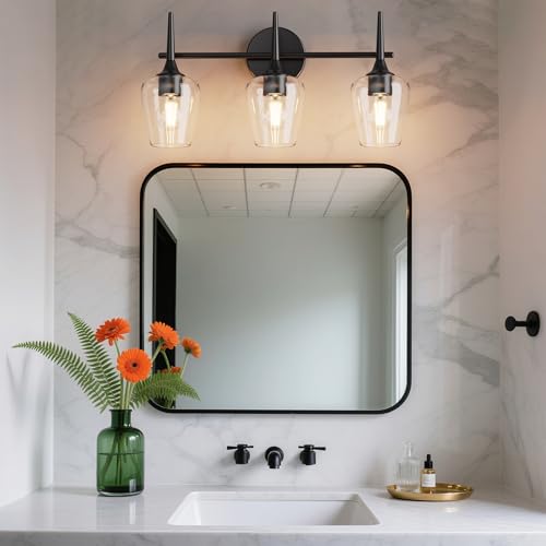 Image of Black Vanity Light 3-Light Modern Farmhouse Bathroom Light Fixture with Wine Glass Shades for 24 Inch Mirror, Wall Sconce for Hallway Bedroom