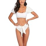 traje de baño blanco mujer - Características: el traje de baño sexy de 2 piezas incluye una parte superior de bikini sexy con mangas abullonadas, parte inferior de bikini recortada de cintura alta, sujetador suave desmontable, sin aros, banda ancha en la espalda, ideal para cubrir su cuerpo.