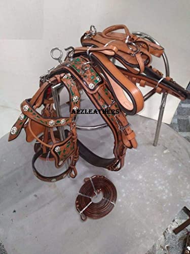 SHOWMEN CRAFT Elegante arnés de conducción de cuero natural de 3 tonos para carrito de caballo individual en 4 tamaños (mazorca)