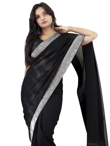 Image of AKHILAM Women's Georgette Solid Ready To Wear one Minute Saree With Unstitched Blouse Piece