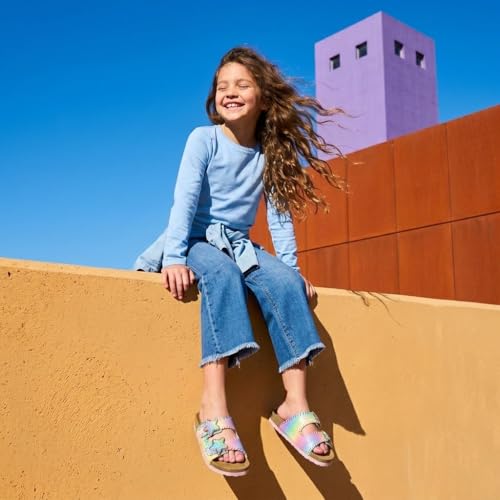 Image of CUSHIONAIRE Lily Girl Toddler Sandals with Adjustable Gold Tone Star Buckles and Cushioned Cork Footbed Slip On Girls Slides for Kids