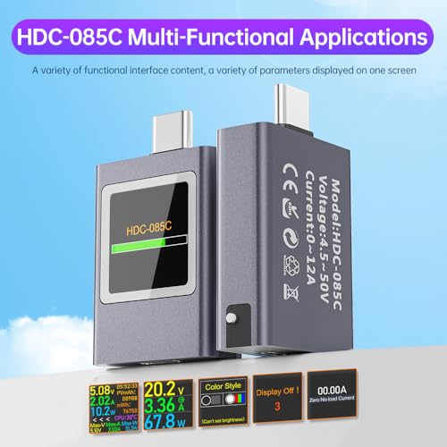 Image of diymore USB C Power Meter,Digital Multimeter,USB C Tester Power Meter,Type C Voltage and Current Tester Meter,Working Time Ammeter Voltmeter USB Cable Charger Detector Color LED Display