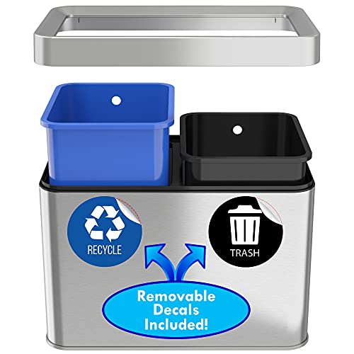 Image of iTouchless 5.3 Gallon Open Top Trash Can & Recycle Bin Dual Compartment Combo, includes Decals, 20 Liter, Stainless Steel, Removable Buckets, For Kitchen, Office, Bedroom
