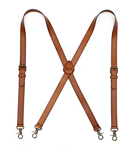 Image of Mens Suspenders X Back Design Leather Suspenders Adjustable Brown Braces Groomsmen Gift for Wedding