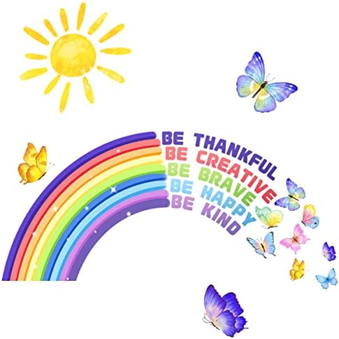 Mirabuy Colorful Rainbow Sun with Butterfly Wall Decals Be Thankful Motivational Quotes Wall Stickers for Nursery Kids Bedroom Playroom