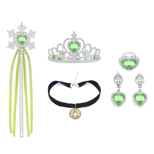 URAQT 5 Pièces Accessoires de Costume Anna avec Couronne, Baguette, Collier, Boucles d'Oreilles Vertes et Bague pour Noël, Fêtes d'Anniversaire, Halloween,...