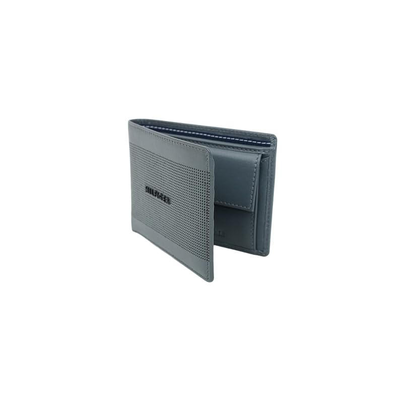 Image of Tommy Hilfiger Men's Benin Global Coin Wallet - Grey | Laser-Etched Leather | Compact Design| Purse for Men | Ideal for Gifting