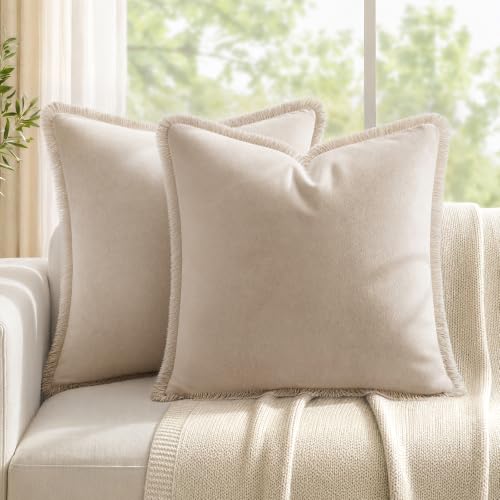HOMEIDEAS Neutral Beige Velvet Throw Pillow Covers 18x18 Set of 2, Luxury Decorative Pillow Covers with Short Fringe Tassels, Modern Farmhouse Boho Cushion Covers for Sofa Couch Bed Home Decor