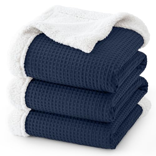 PHF Waffle Sherpa Blanket Twin Warm for Winter, 60"x80", Navy Blue