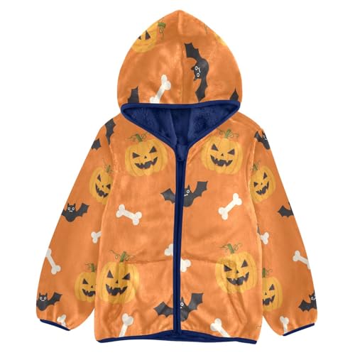 Halloween Pumpkins Bats Bones Toddler Fleece Jacket Girl Boys Hooded Fleece Jacket Coat Warm Outwear Zip-up 3-10T