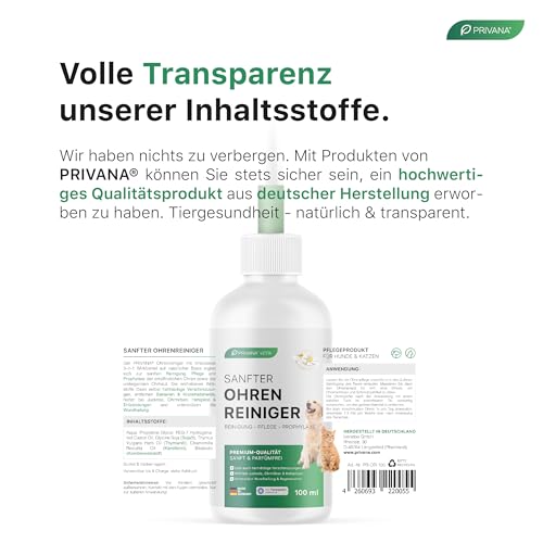 Privana Sanfter Ohrenreiniger 3-in-1 für Hunde & Katzen (100ml) – sanfte Reinigung, Haut-Pflege & Prophylaxe – bei Juckreiz, Ohrmilben, Hefepilzen
