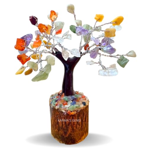 Small Multi Crystals Wooden Base Tree of Life - Feng Shui Seven Chakra Tree Decor - Positive Energy Money Bonsai Tree - Handmade Decoration Showpiece - Meditation Accessories