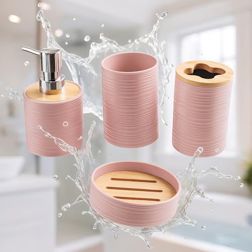 Image of Story@Home 4 Pieces Bathroom Accessories Set | Toothbrush Holder, Soap Dispenser, Mouth Wash Cup & Soap Dish for Home Kitchen & Bathroom | Bathroom Essentials for Office - Peach