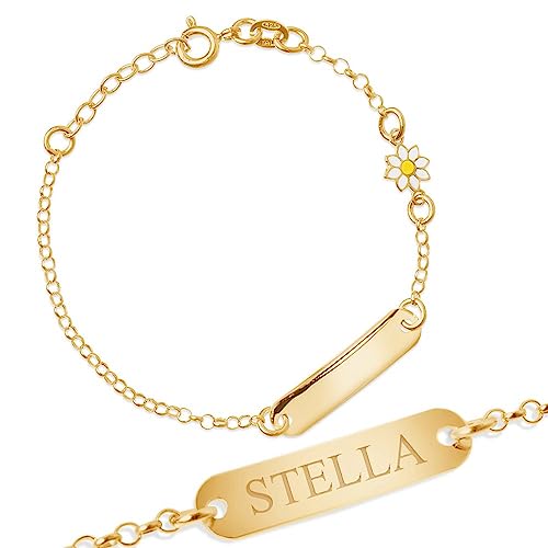 Maverton Murrano ID Kinder Armband in 925er Sterlingsilber vergoldet mit Namen Gänseblümchen + personalisierte Geschenkbox mit Gravur - Geschenk Geburt Taufe Geburtstag - Länge: 14-16 cm