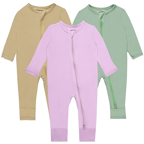 Image of GUISBY Baby Pajamas with Mitten Cuffs - 3Pcs Girls Boys 2 Way Zipper Long Sleeve Rayon Sleepers