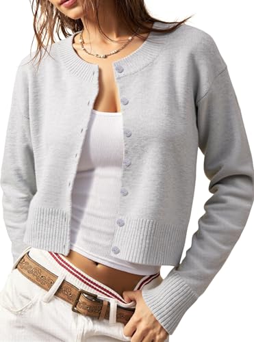 Women's Cropped Knit Cardigan Sweater – Button Down Long Sleeve Slim Fit Gray Fall Layering Top