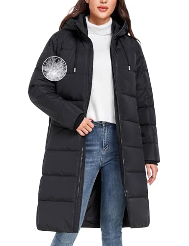 NRZD Women's Puffer Coats Long Down Winter Coats with Duck Down & Feathers Filling, Warm Thick Puffer Jackets with Drawstring Hood(Black,L)