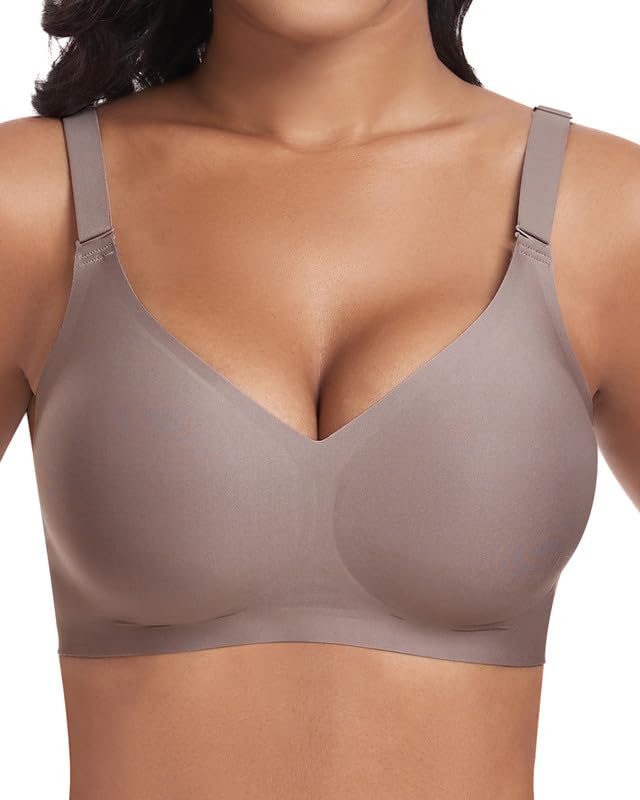 Jiuday BH ohne Bügel Push Up BH Große Brüste Starker Halt Bügelloser Bustier Damen Gepolstert Seamless Soft Bra ohne Buegel Bequemer T Shirt V-Ausschnitt Bralette (Kaffee,2XL)