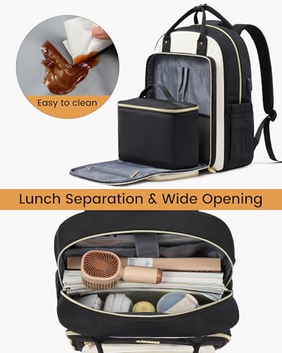 Image of LOVEVOOK Lunch Backpack for Women, 15.6 Inch Laptop Bag with Insulated Cooler Lunch Box, Work Backpack for Teacher Nurse, Travel Backpack Lunch Bag for Camping Picnic Daily Use, Black Beige