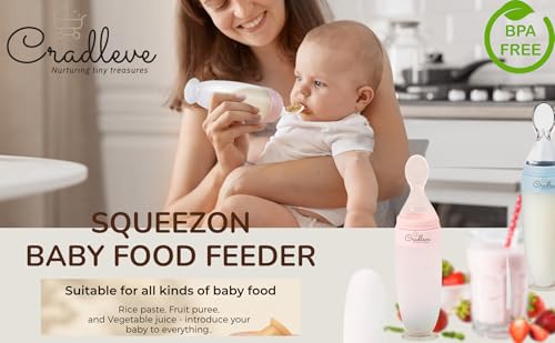 Image of CRADLEVE Squeezon Baby Food Feeder (90ml), First Feed Silicone Food Feeder, Soft Silicone Spoon, BPA-Free for Cereals, Puree and Semisolids for Infants | Variable Flow Control /Anti Choke | 4m+ (Blue)