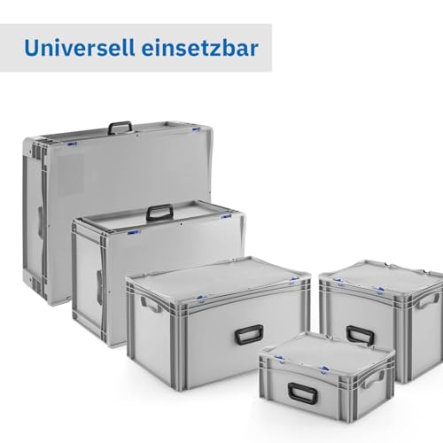 DIE BOX FABRIK Robuster Eurobehälter mit Tragegriff & Scharnierdeckel | Stapelbarer Kunststoffkoffer für Lager & Transport | Aufbewahrungsbox für Werkzeuge, Logistik & Industrie (600x400x283 mm)