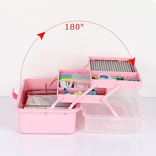 Image of BTSKY 3-Layer Plastic Dividing Storage Box Craft Organizer and Storage | Portable Handled Art Supply Organizer with Adjustable Spacers Multipurpose Home Utility Box for Medicine, Sewing(Pink)