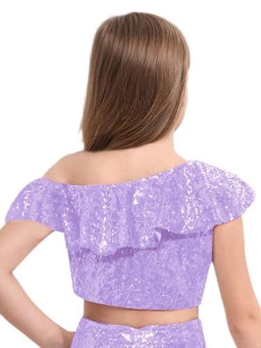renvena Girls Sequin Ruffle Crop Top Sparkly One Shoulder Latin Jazz Modern Dance Cami Tank Tops4