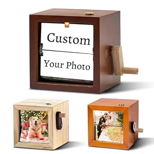 Custom Photo Flip Book with LED Lights, Personalized Wooden Animation Mini Picture Frame, Hand-cranked Mechanical Flipbook Album Box, Home Decor Gift for Wedding, Valentine’s Day (Lover’s Album)
