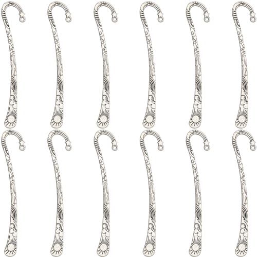 SUNNYCLUE 1 Box 12Pcs Antique Silver Bookmarks Metal Bookmark Tibetan Style Carved Hook Book Markers with Loop Retro Embossed Book Mark Vintage Bookmarks for Book Lovers Men Women DIY jewellery Making