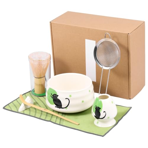 Hevtsde 7Pcs Matcha Whisk Set with All Accessories Ceremonical Matcha Making Kit Hand Painted Fine Craftsmanship Heat Resistant for Daily Tea Time(green-Style 1-7)
