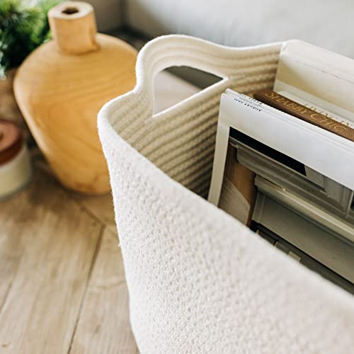 Organihaus White Basket For Blankets | Toy Basket For Baby | Woven Storage Basket | Rope Basket With Handles | Rectangle Soft Boho Basket For Towels | Cloth Basket For Organizing | Fabric Basket 14X9 #TOP5