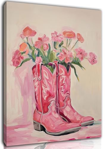 Image of Julaydi Floral Cowgirl Boots Wall Art Pink Cowboy Boots with Flower Painting Western Aesthetic Canvas Prints Poster Trendy Preppy Girls Room Decor Picture for Living Room Bedroom Dorm 16x24in Framed